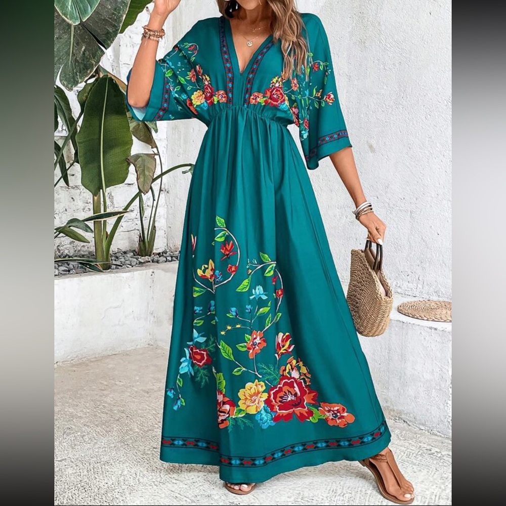 Boho floral print batwing sleeve tie back maxi dress